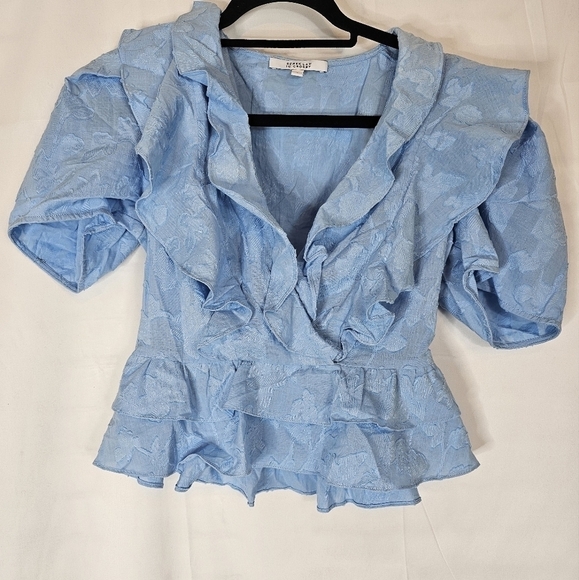 DEREK Lam 10 Crosby sky blue peplum in size 4 raised floral print ruffles V-neck - Picture 1 of 5